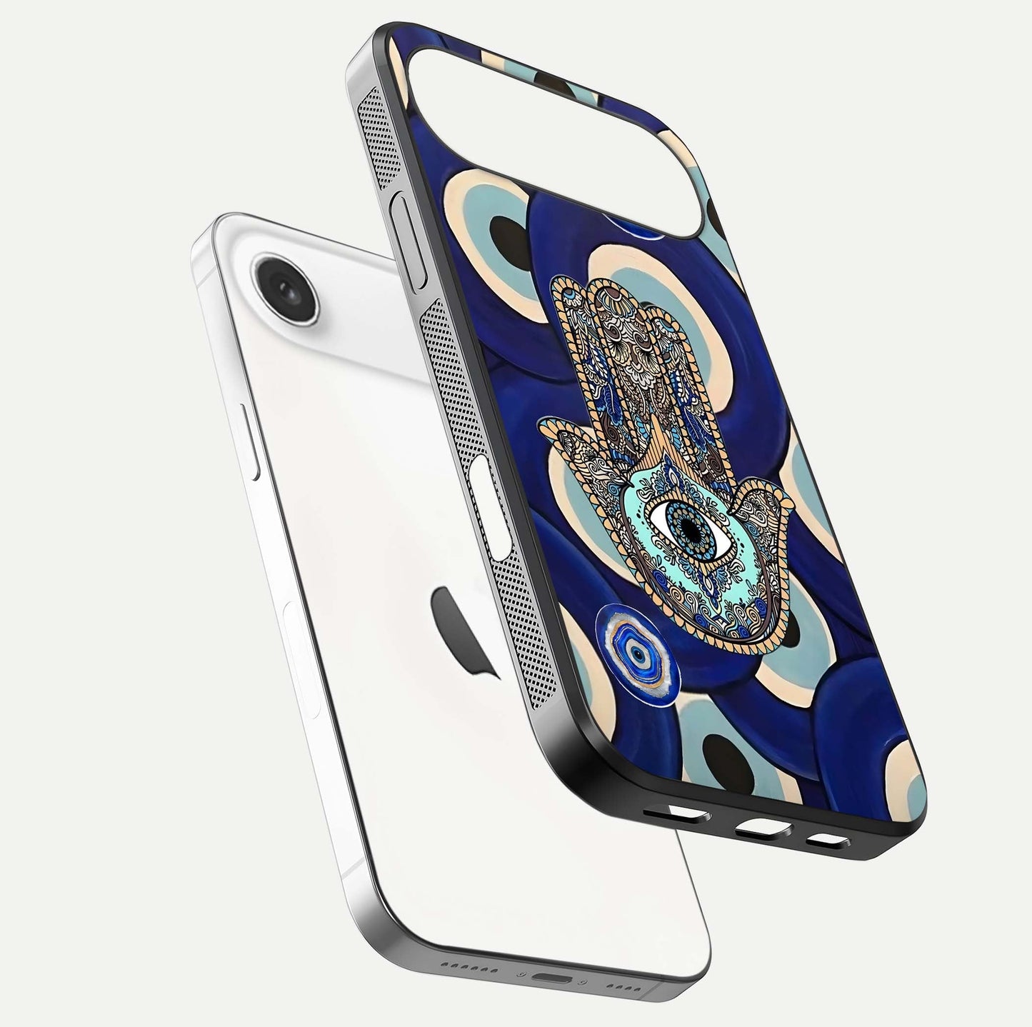 Hamsa Divine Guard Glass Case for iPhone Air  floating dual-view mockup showing gloss shine and mystical pattern