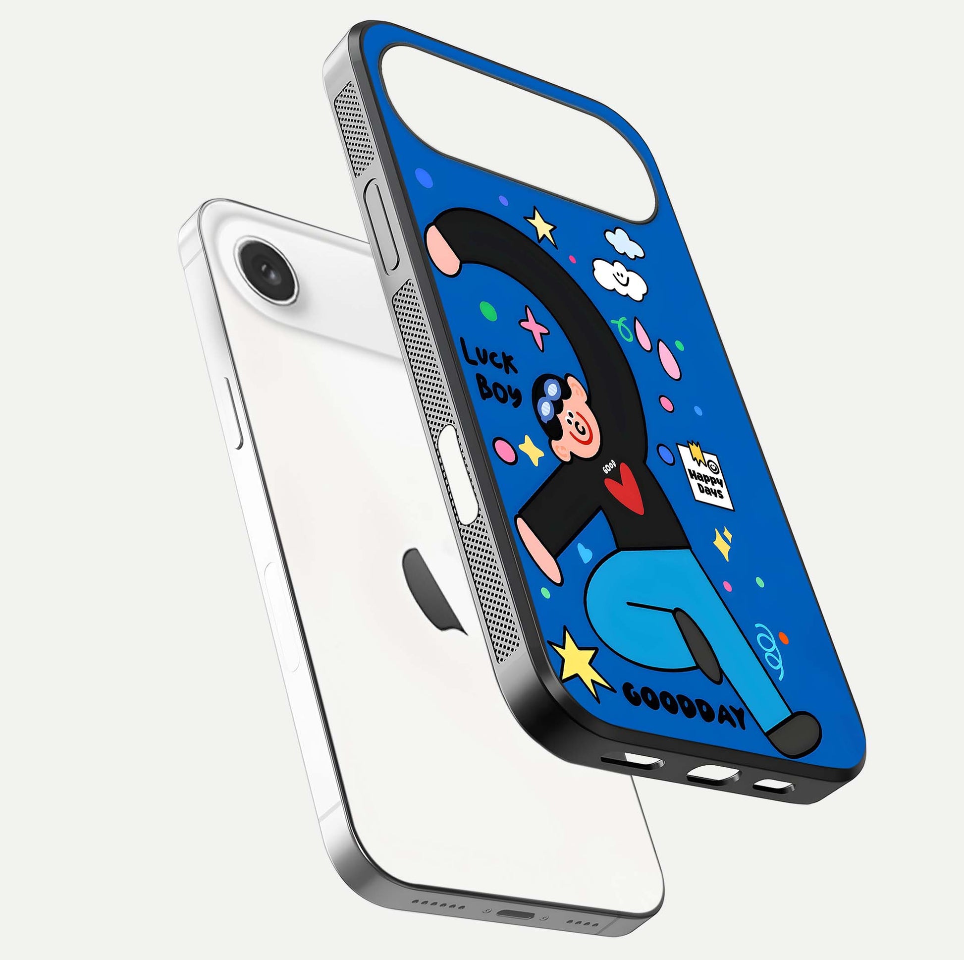 Happy Luck Vibe Glass Case for iPhone Air  floating dual-view mockup showing glossy tone and bright finish