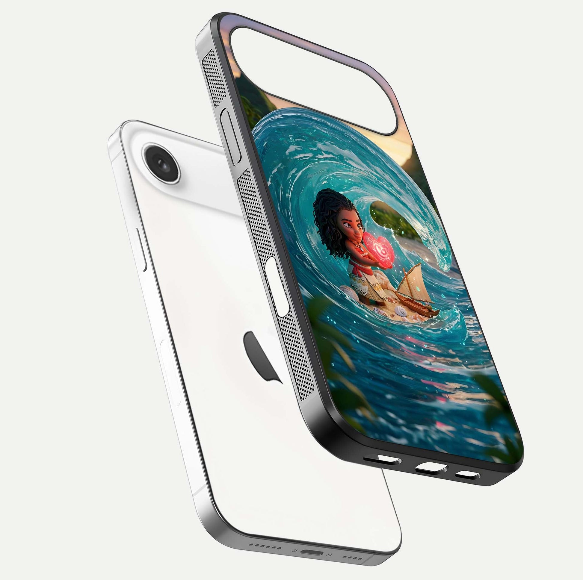 Heart of Ocean Glass Case for iPhone Air  floating dual-view mockup showing gloss surface and aquatic design