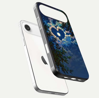 Heart with Moon Sky Glass Case for iPhone Air  floating dual-view mockup showing gloss texture and romantic sky glow