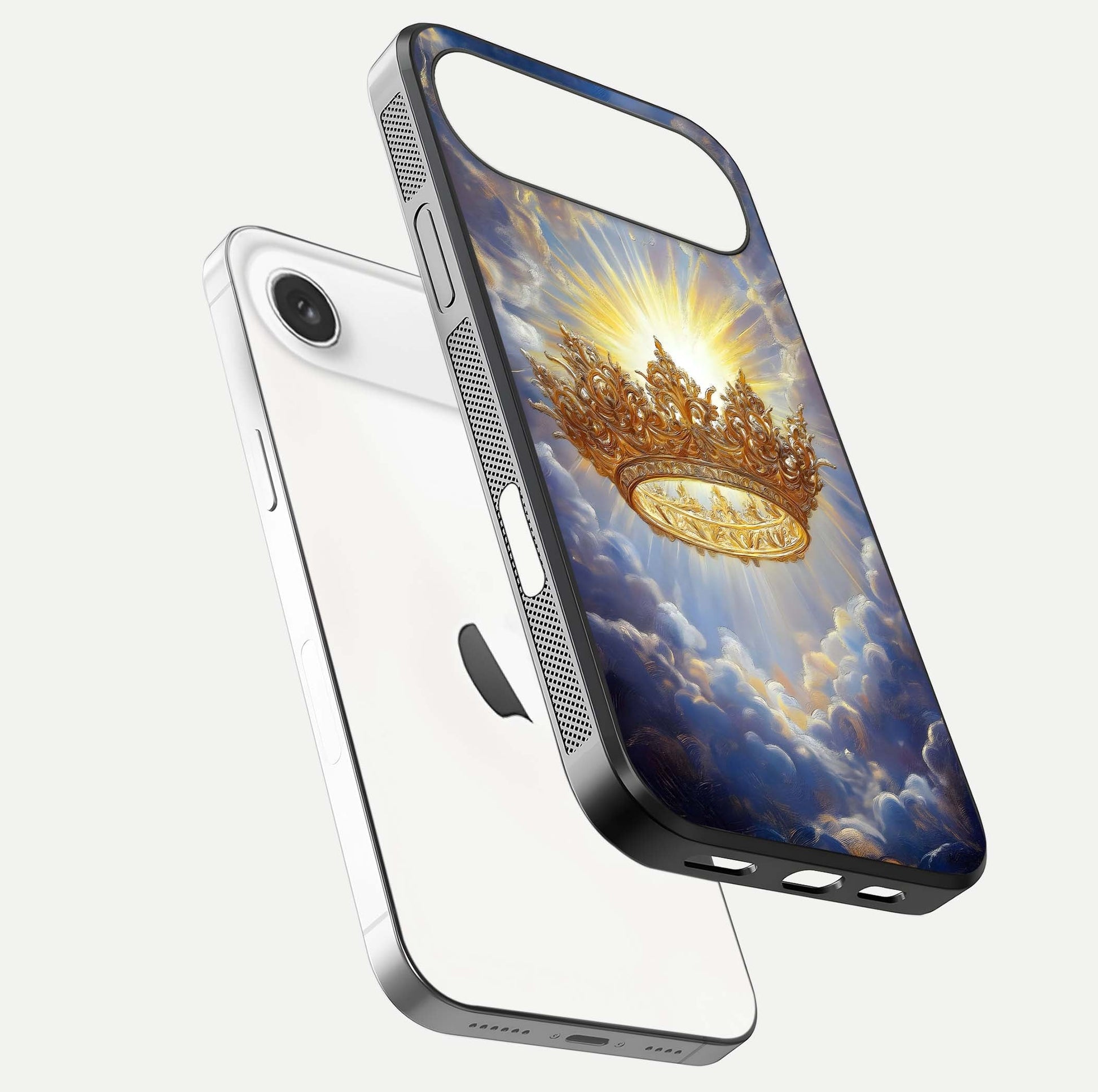 Heavenly Crown Light Glass Case for iPhone Air  floating dual-view mockup showing gloss shine and luminous crown texture