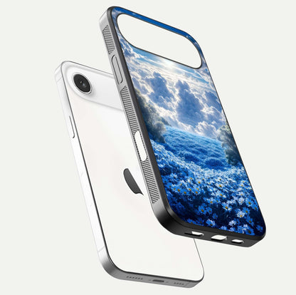Heavenly Daisy Horizon Glass Case for iPhone Air  floating dual-view mockup showing gloss polish and soft pastel background