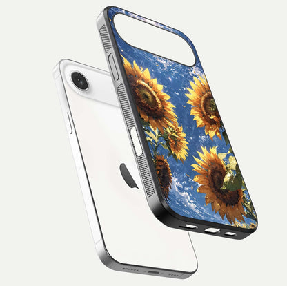 Heavenly Sunflower Rise Glass Case for iPhone Air  floating dual-view mockup showing gloss brightness and morning-light feel