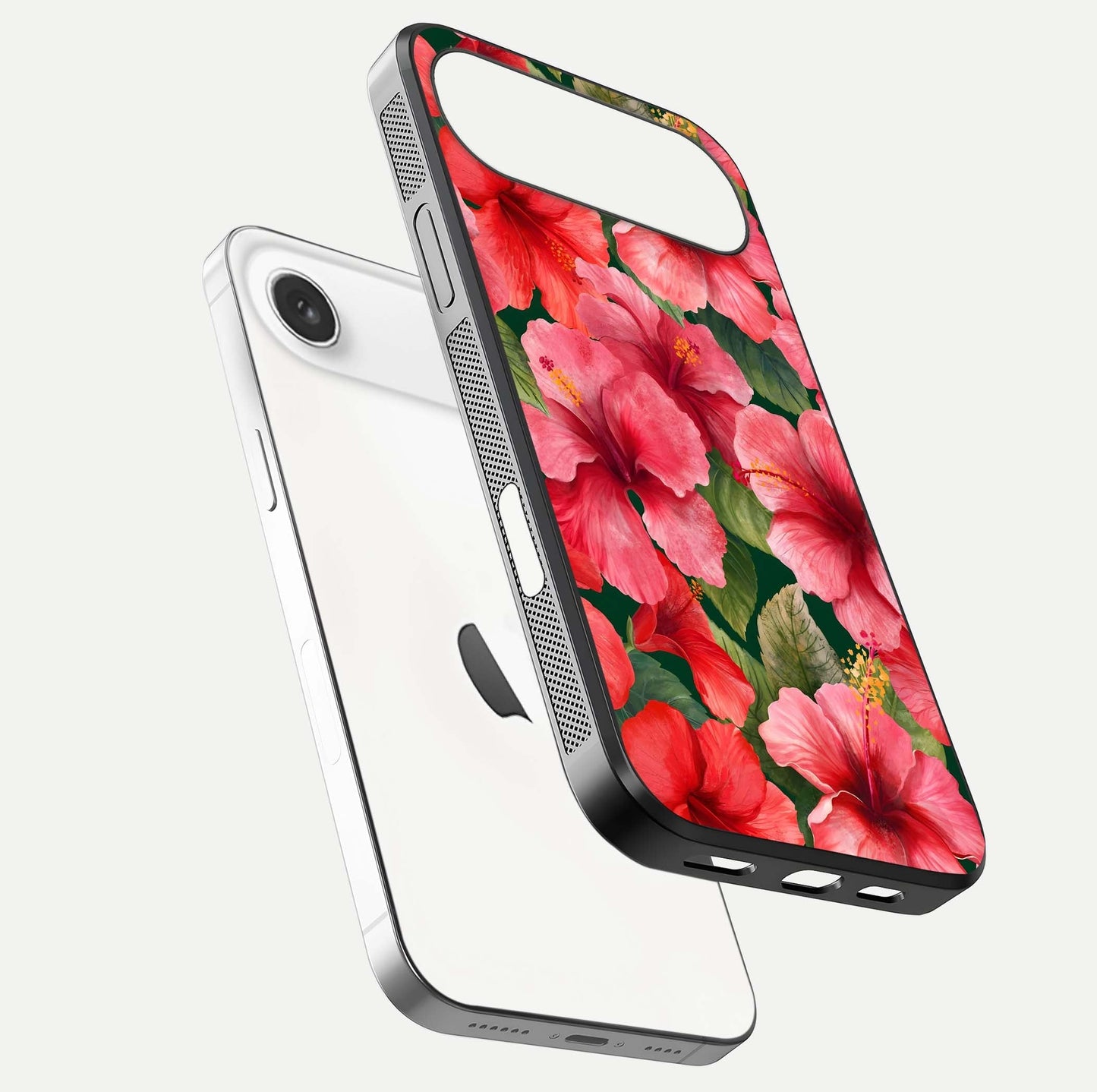 Hibiscus Pattern Glass Case for iPhone Air  floating dual-view mockup showing glossy texture and vivid color depth