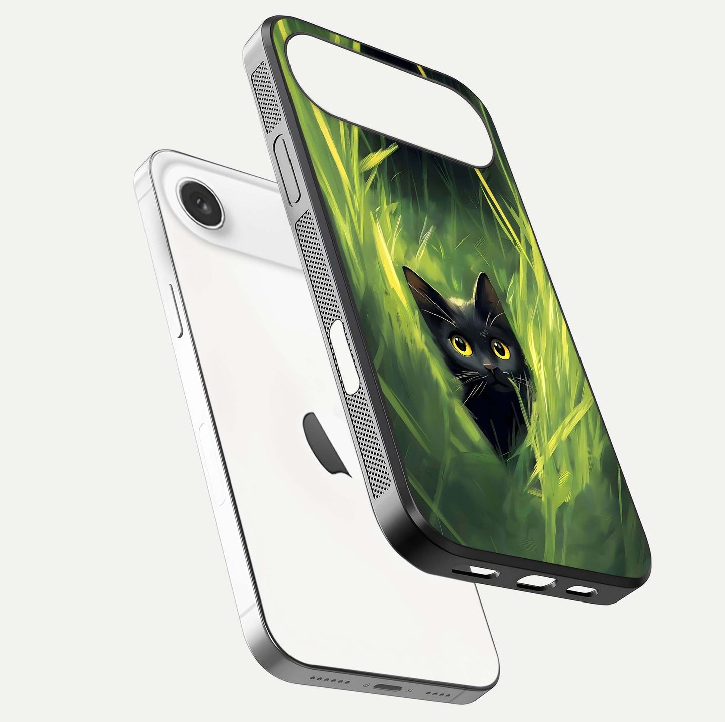 Hidden Cat Whisper Glass Case for iPhone Air  floating dual-view mockup showing glossy tone and elegant cat silhouette