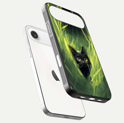 Hidden Cat Whisper Glass Case for iPhone Air  floating dual-view mockup showing glossy tone and elegant cat silhouette