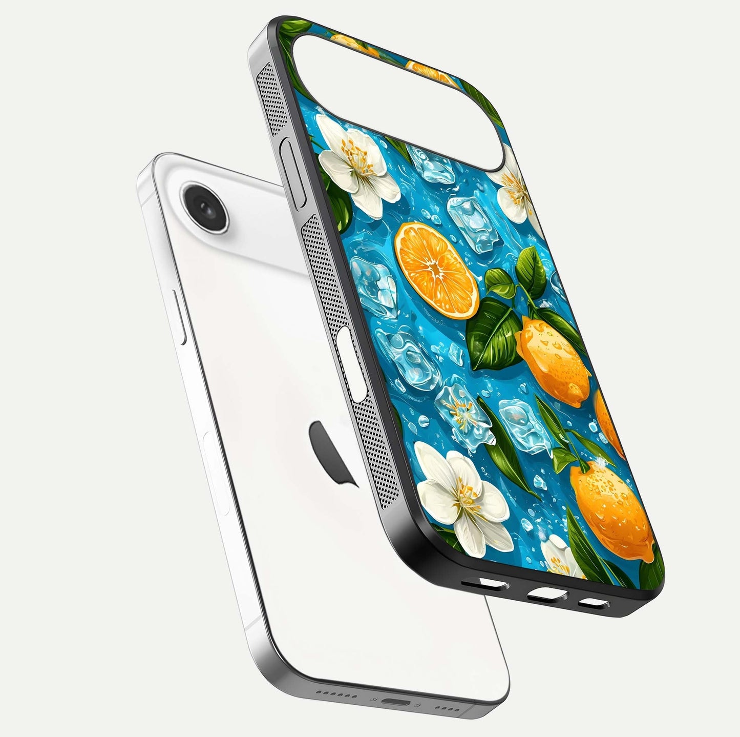 Ice Cube With Orange Glass Case for iPhone Air  floating dual-view mockup showing glossy shine and cool refreshing tone