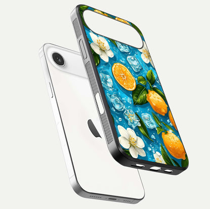 Ice Cube With Orange Glass Case for iPhone Air  floating dual-view mockup showing glossy shine and cool refreshing tone