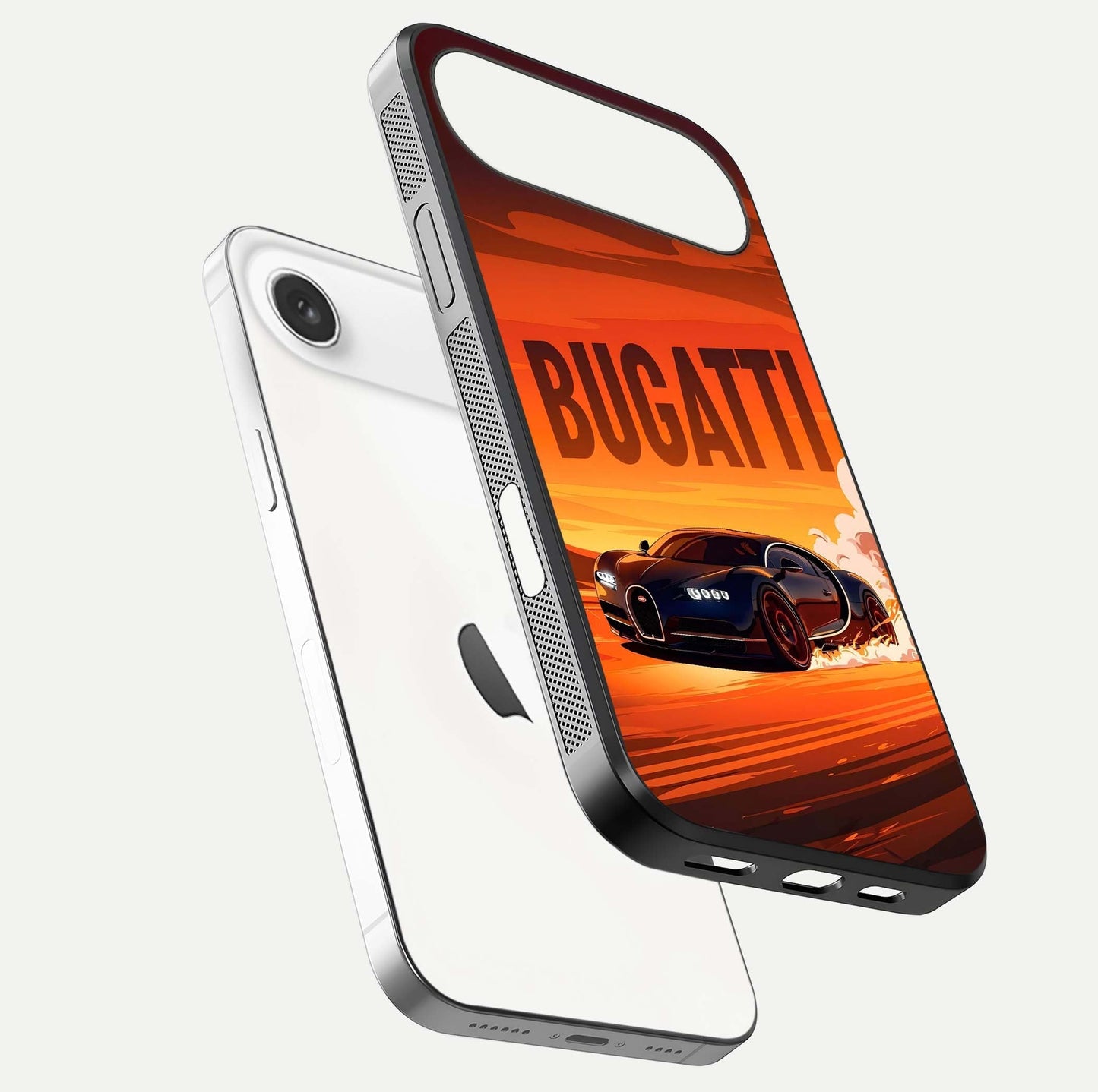 Inferno Bugatti Storm Glass Case for iPhone Air  floating dual-view mockup showing gloss surface and racing energy