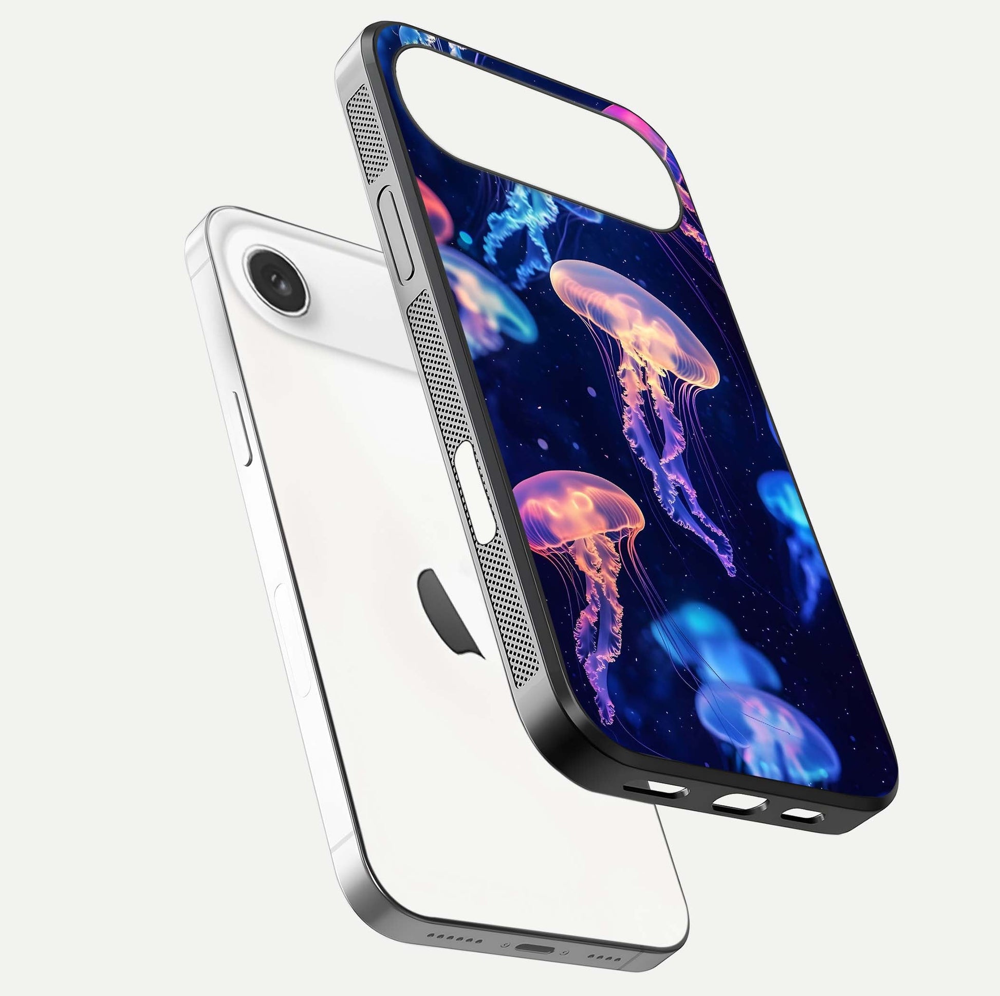 Jellyfish Pattern Glass Case for iPhone Air  floating dual-view mockup showing gloss texture and oceanic depth