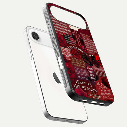 Jesus Love Heals Glass Case for iPhone Air  floating dual-view mockup showing glossy shine and faith-inspired art