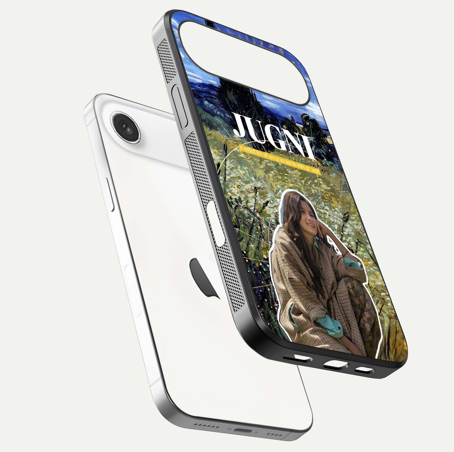 Jugni Soul Vibes Glass Case for iPhone Air  floating dual-view mockup showing gloss surface and vivid design style
