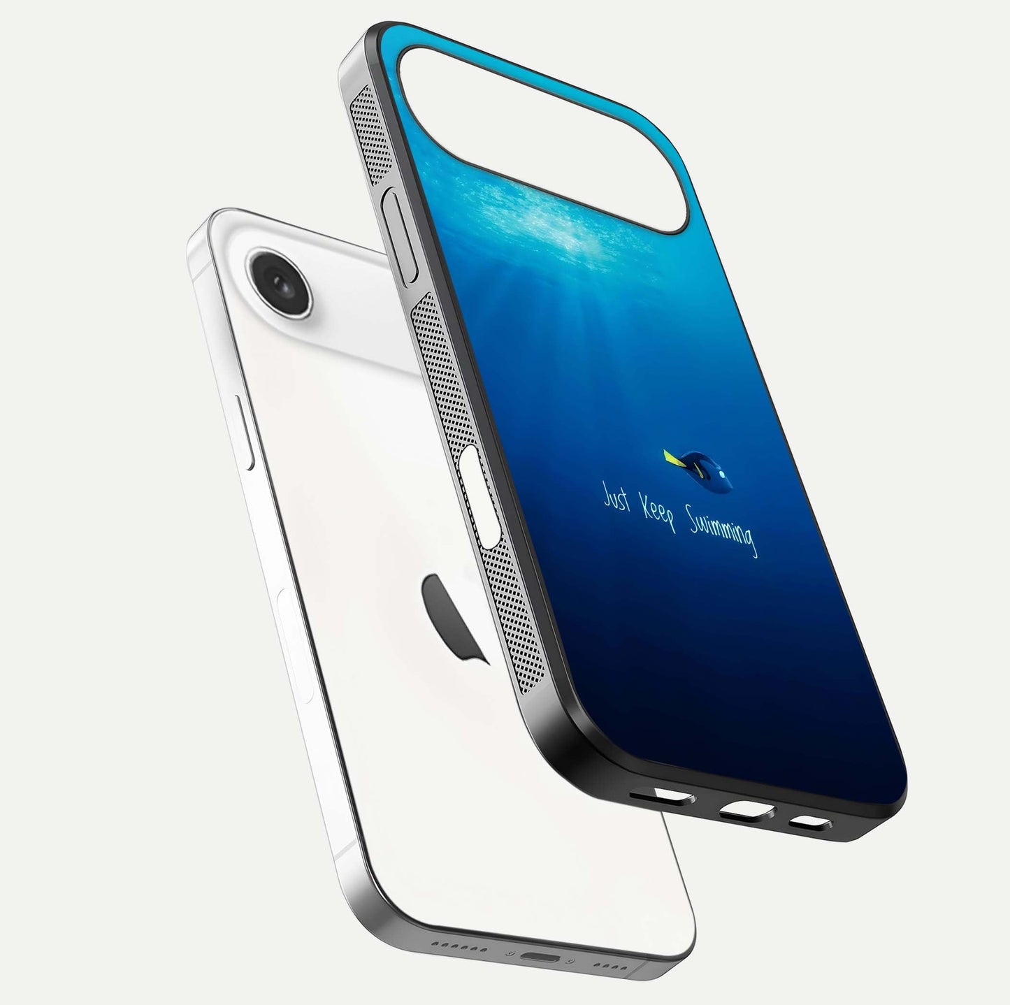 Just Keep Swimming Glass Case for iPhone Air  floating dual-view mockup showing gloss brightness and wave motif
