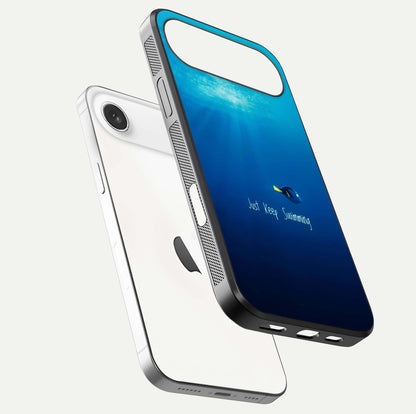 Just Keep Swimming Glass Case for iPhone Air  floating dual-view mockup showing gloss brightness and wave motif