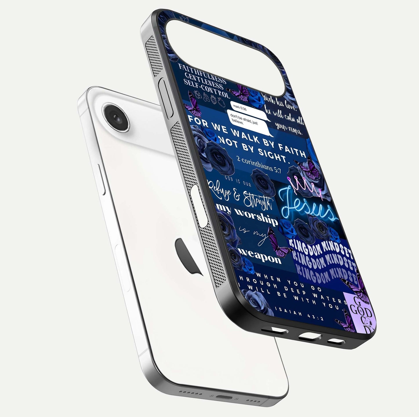 Kingdom Faith Glow Glass Case for iPhone Air  floating dual-view mockup showing premium gloss and golden aura