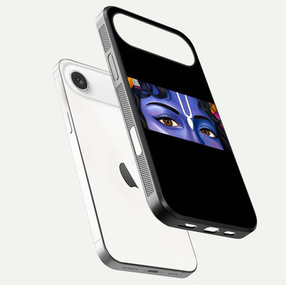 Krishna Eye Glass Case for iPhone Air  floating dual-view mockup showing gloss surface and divine art depth