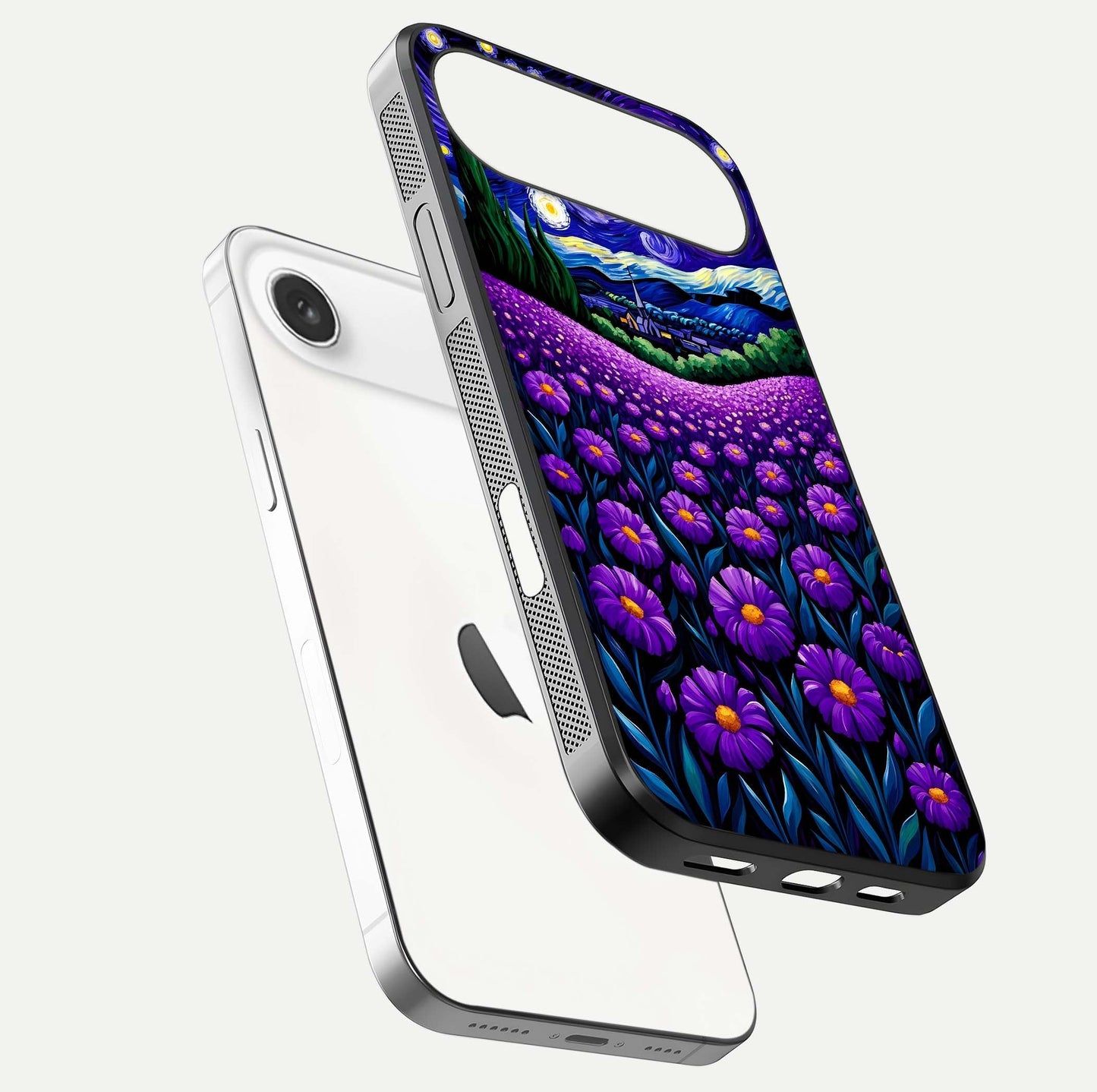 Lavender Moon Field Glass Case for iPhone Air  floating dual-view mockup showing gloss surface and floral glow