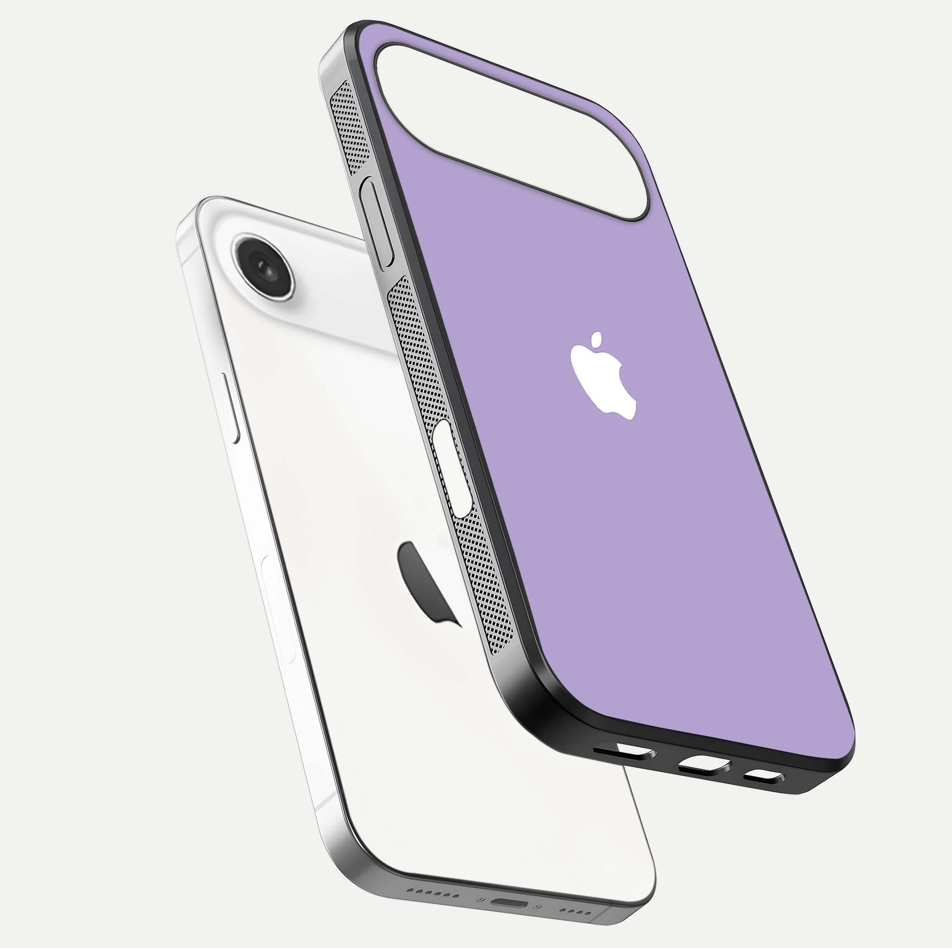 Lavender Soft Minimal Glass Case for iPhone Air  floating dual-view mockup showing gloss reflection and pastel tone