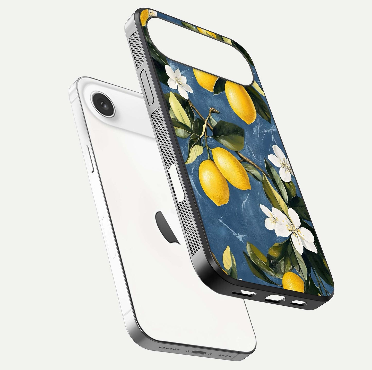 Lemon Dream Garden Glass Case for iPhone Air  floating dual-view mockup showing gloss brightness and vivid yellow print