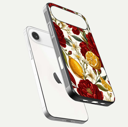 Lemon Rose Charm Glass Case for iPhone Air  floating dual-view mockup showing gloss polish and floral gradient