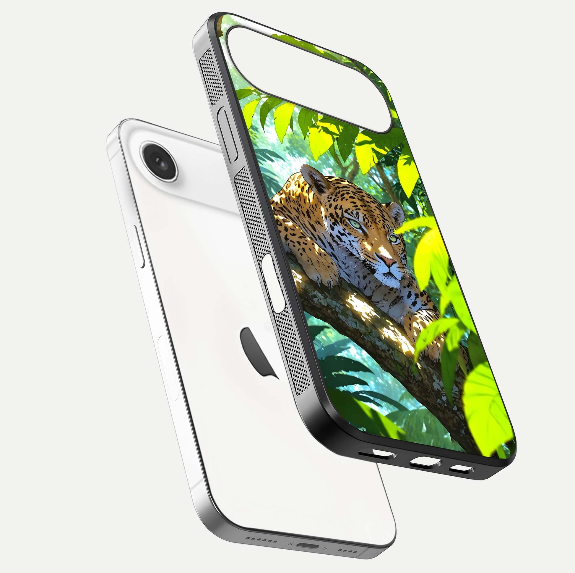 Leopard in Jungle Glass Case for iPhone Air  floating dual-view mockup showing gloss finish and HD wild pattern