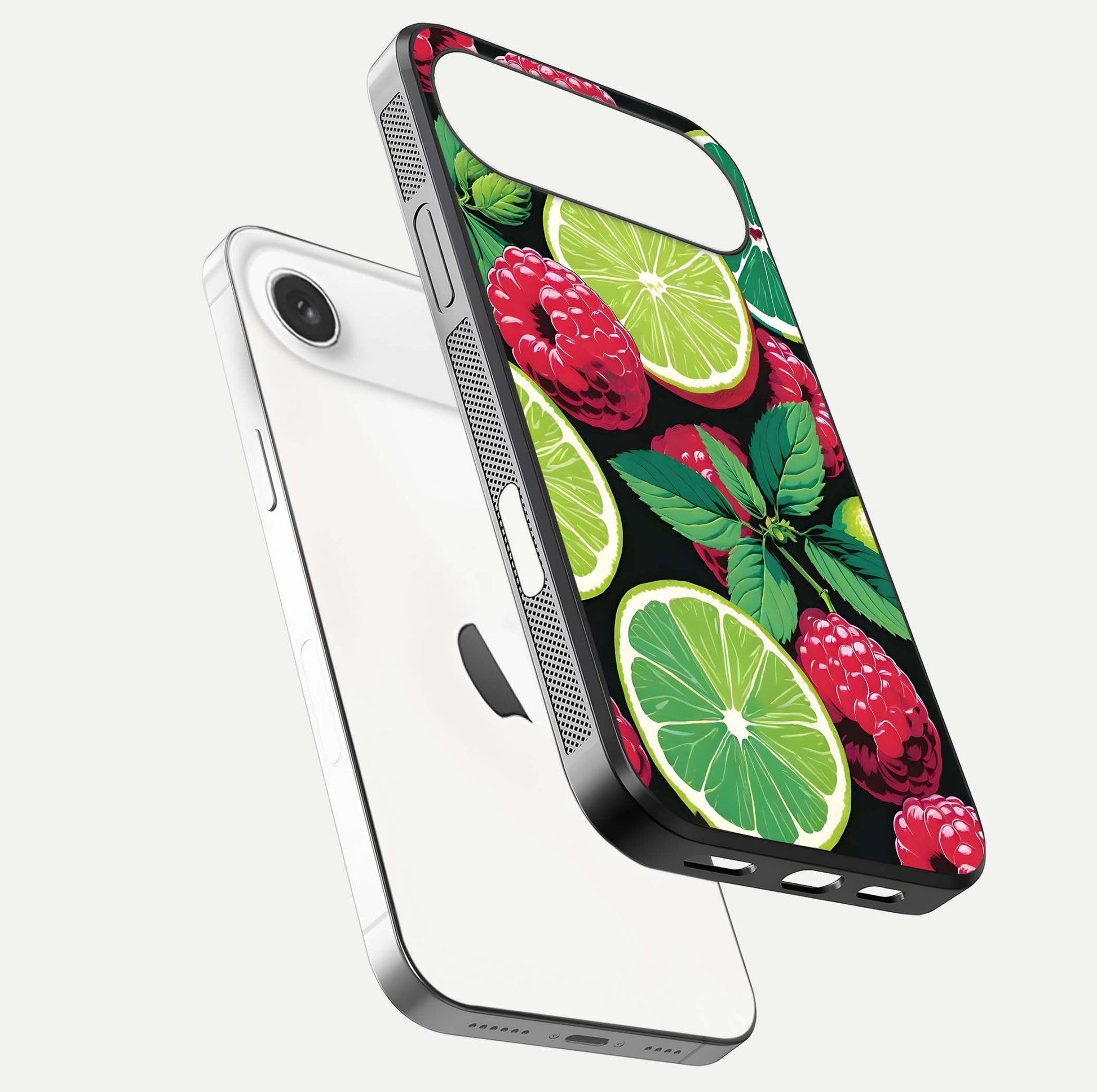 Lime and Raspberry Pattern Glass Case for iPhone Air  floating dual-view showing HD gloss and vivid print