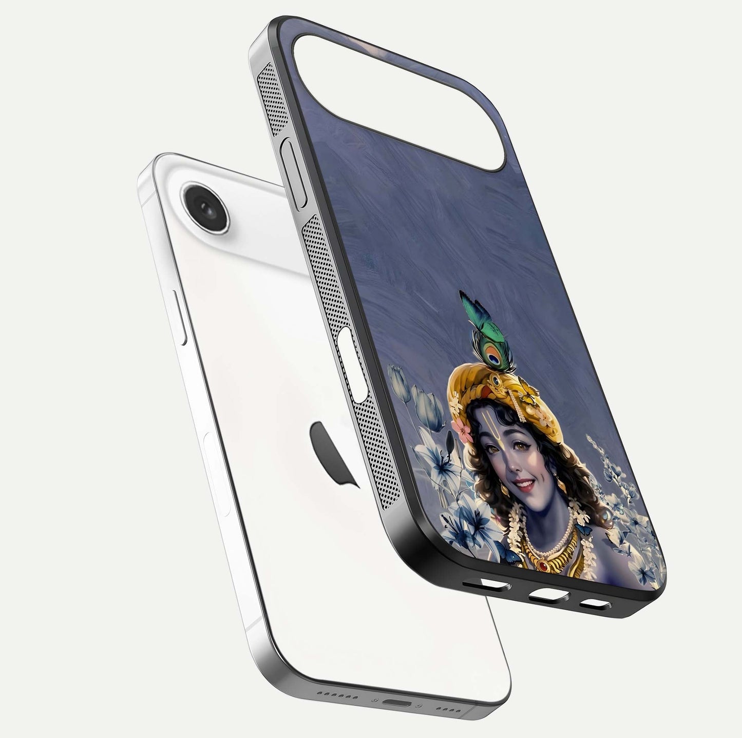 Lord Krishna Glass Case for iPhone Air  floating dual-view showing glossy shine and divine artistic pattern