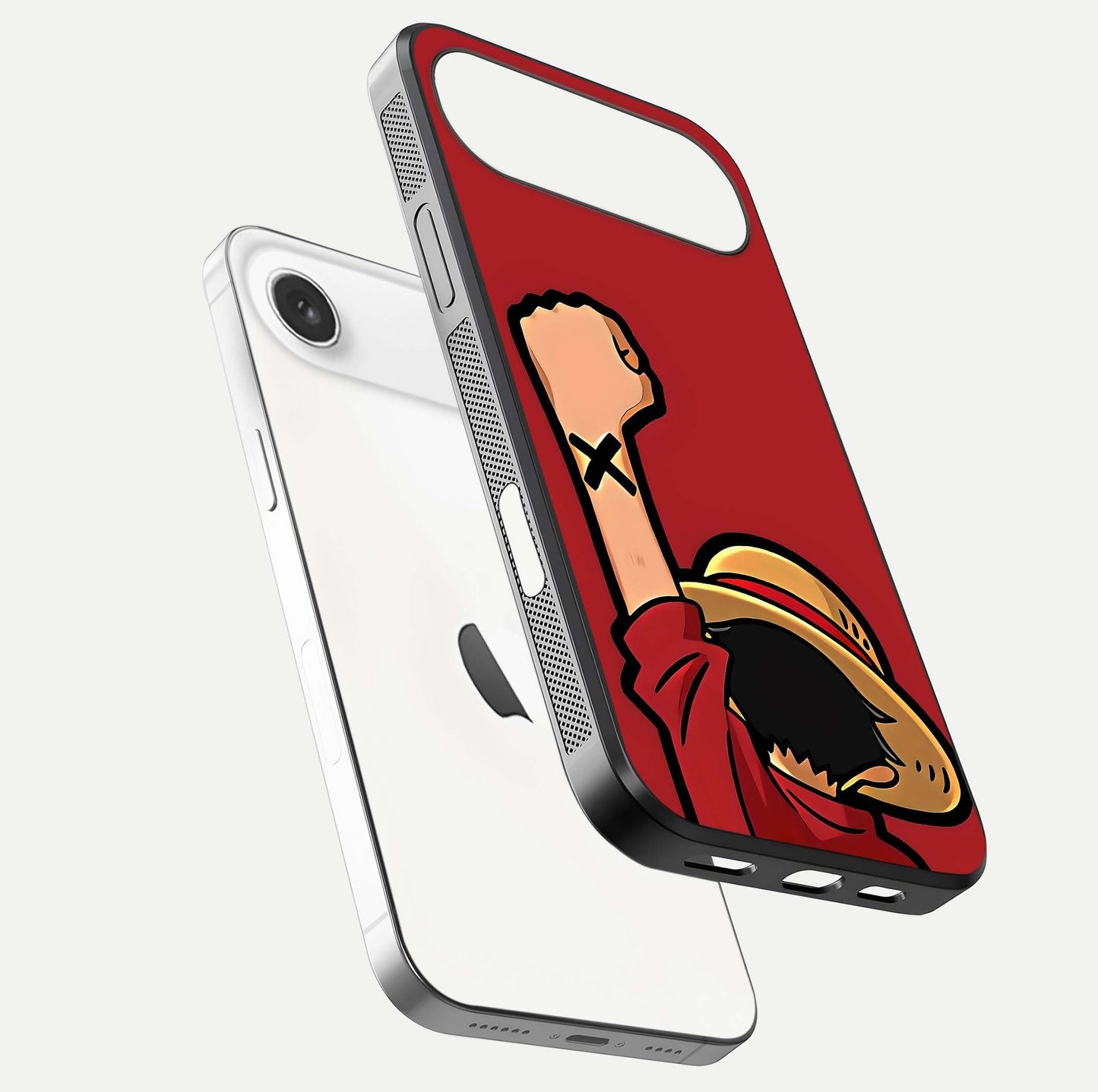 Luffy X Spirit Glass Case for iPhone Air  floating dual-view mockup showing gloss polish and vibrant color depth