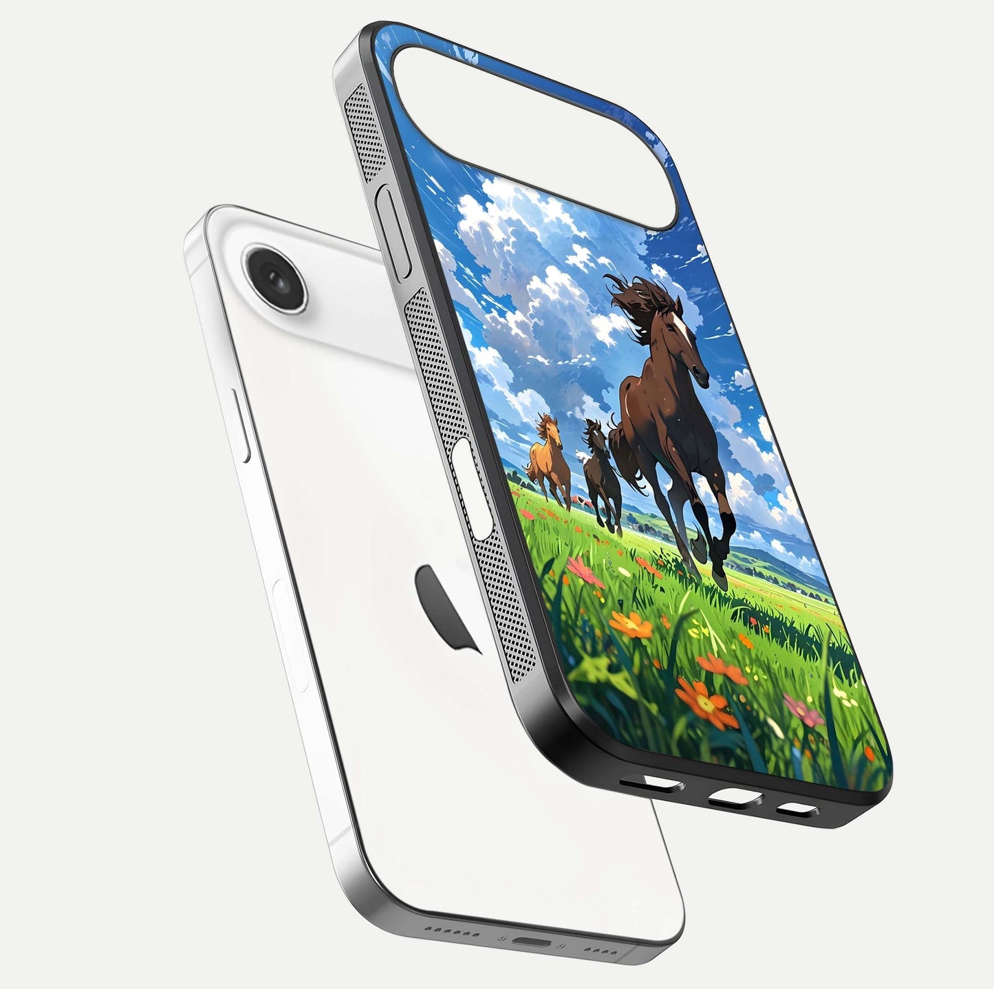 Majestic Horses Galloping Glass Case for iPhone Air  floating dual-view mockup showing gloss texture and vivid tones
