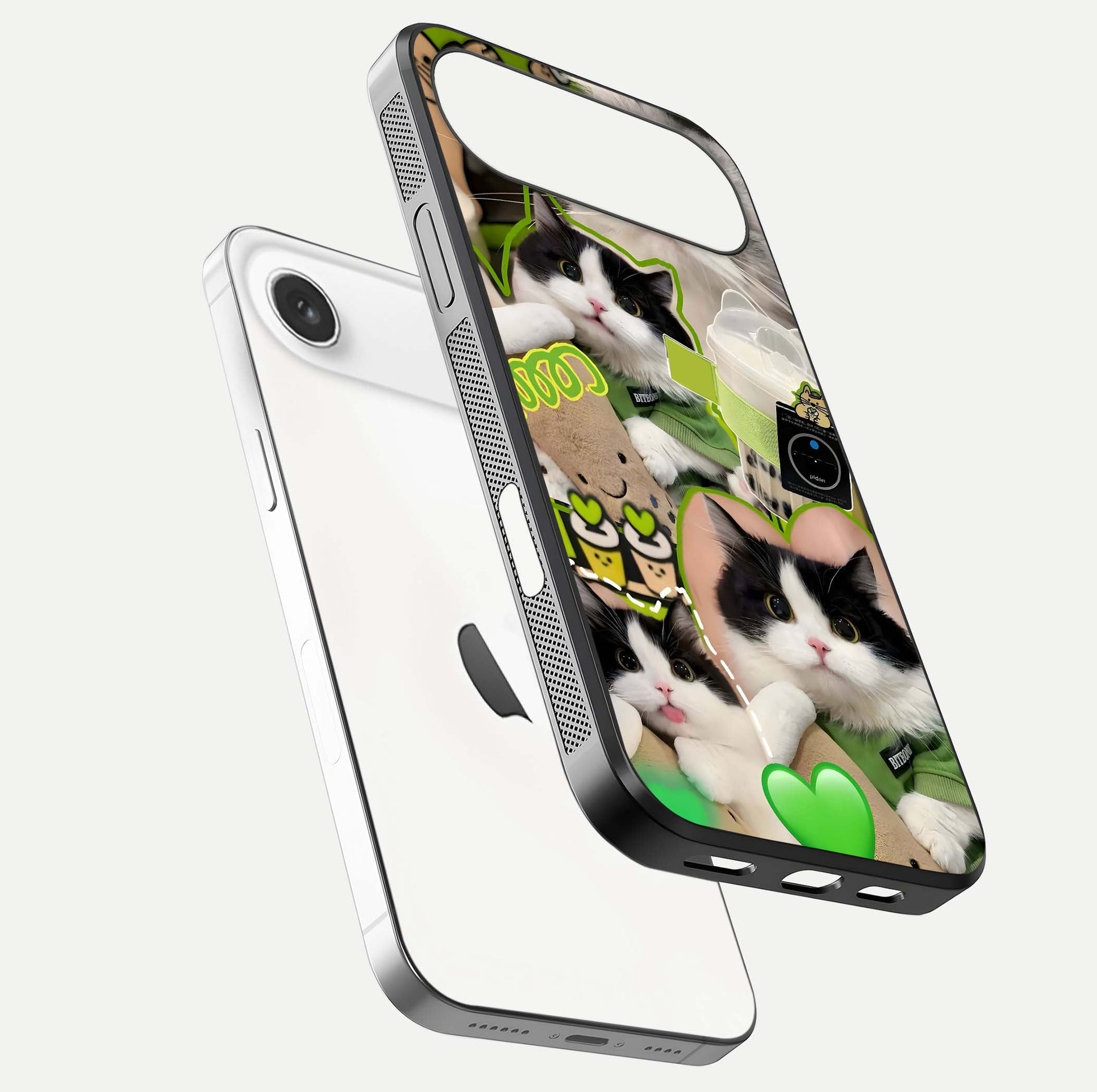 Matcha Cats Mood Glass Case for iPhone Air  floating dual-view mockup showing HD gloss surface and soft tones