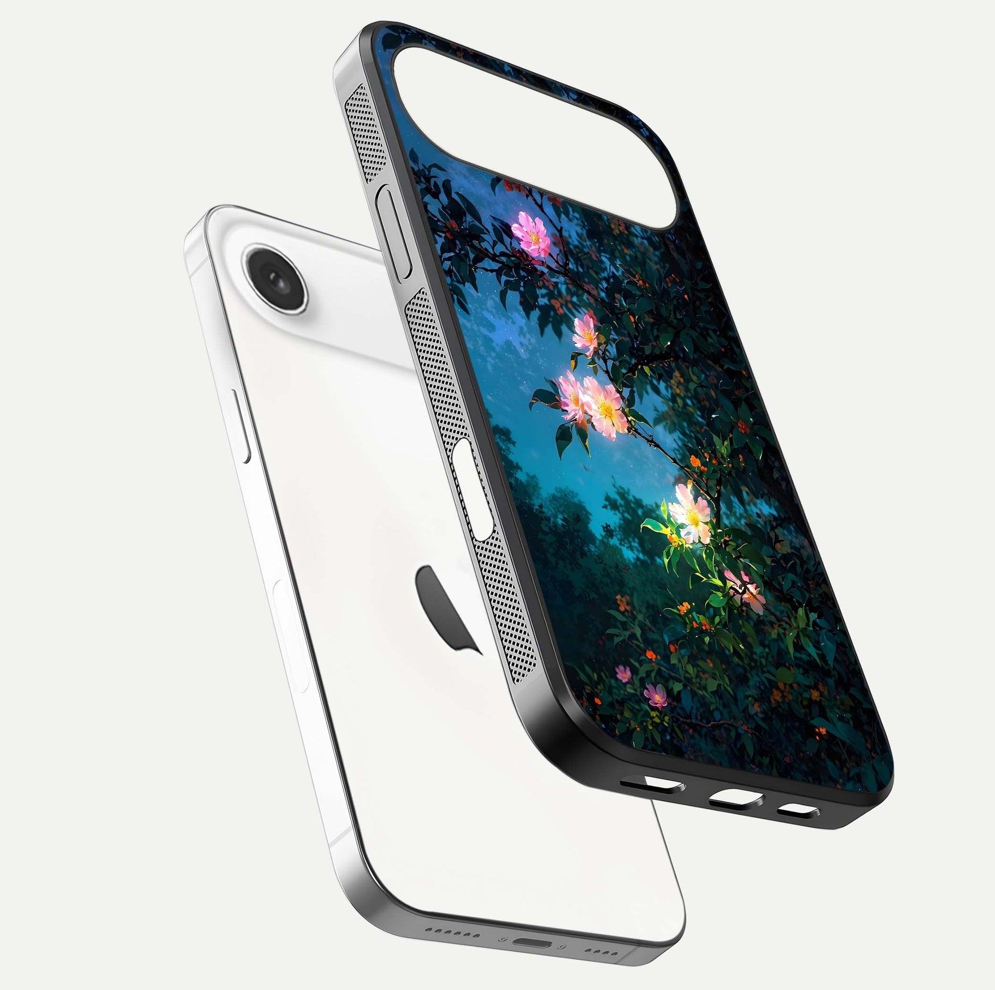 Midnight Bloom Glow Glass Case for iPhone Air  floating dual-view mockup showing HD gloss and floral contrast