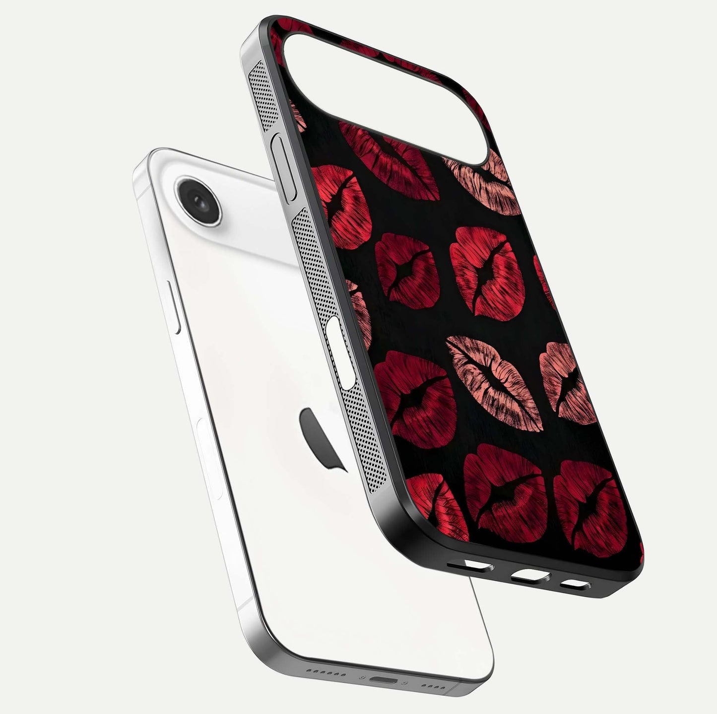 Midnight Kiss Love Glass Case for iPhone Air  floating dual-view mockup showing HD gloss and elegant edge design