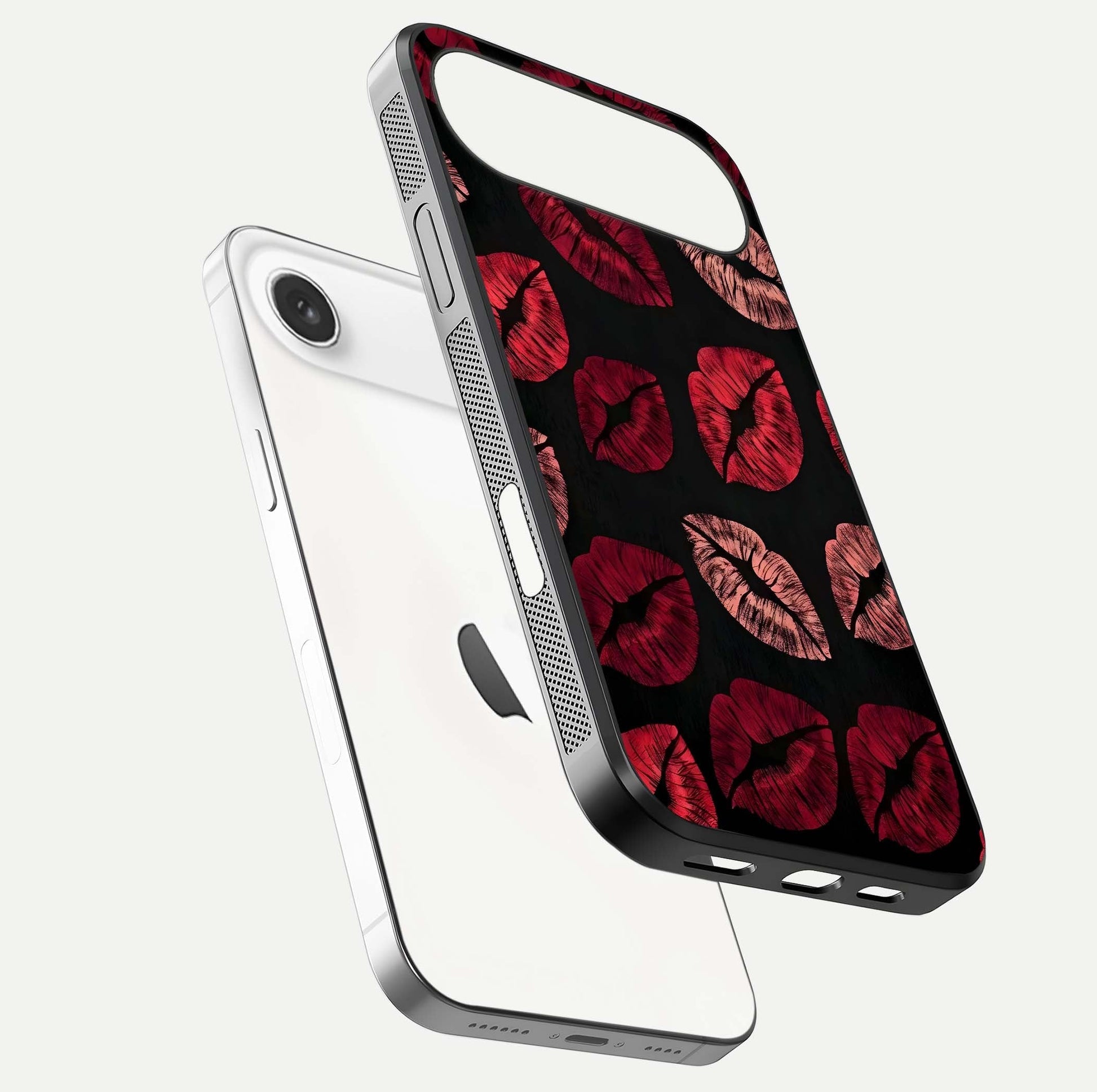 Midnight Kiss Love Glass Case for iPhone Air  floating dual-view mockup showing HD gloss and elegant edge design