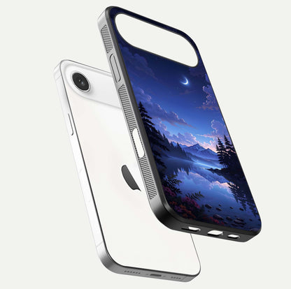 Midnight Lake Peace Glass Case for iPhone Air  floating dual-view mockup showing gloss finish and peaceful art