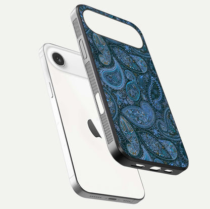 Midnight Paisley Glow Glass Case for iPhone Air  floating dual-view mockup showing HD gloss and rich pattern