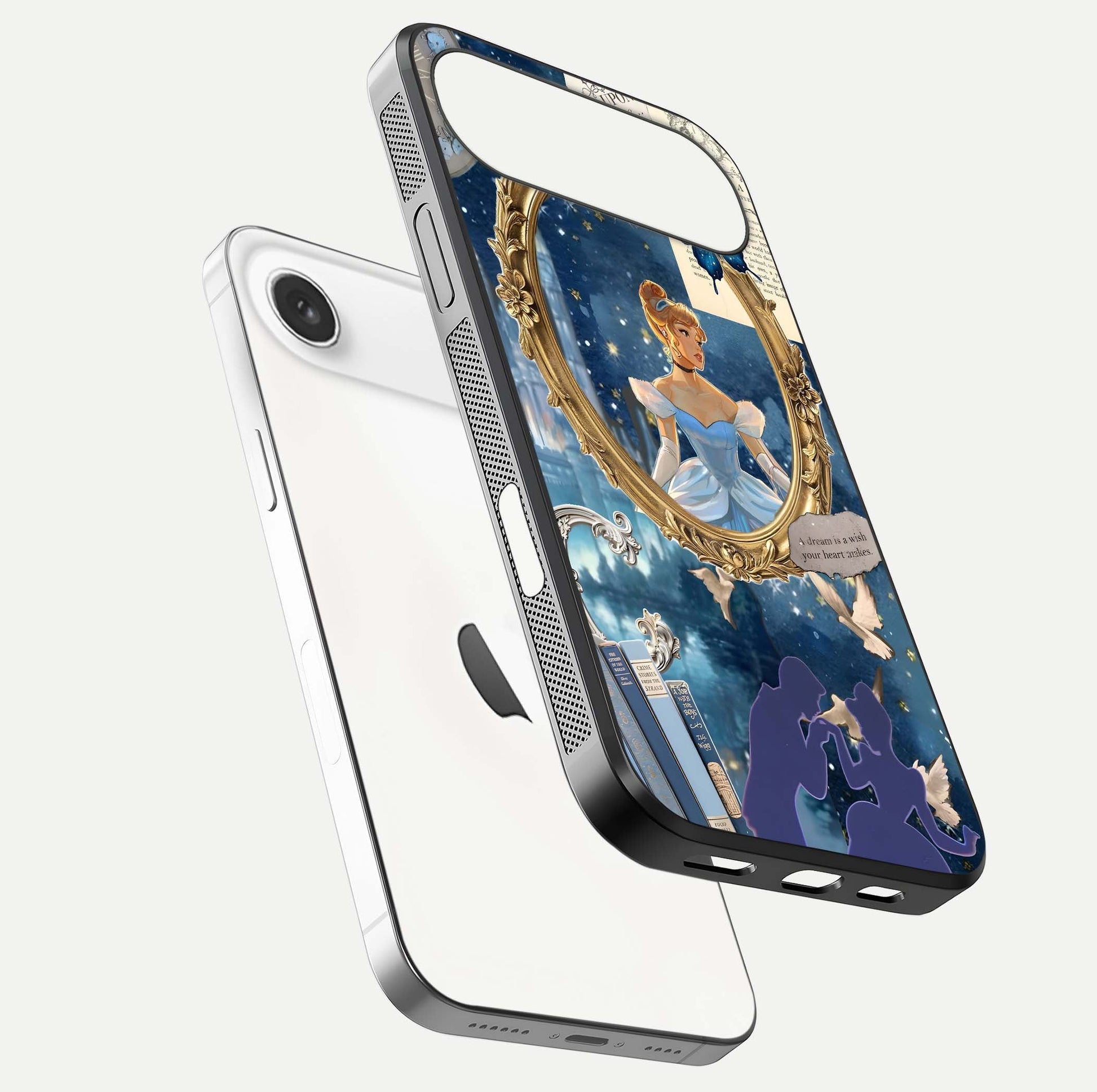 Midnight Queen Glass Case for iPhone Air  floating dual-view mockup showing HD glass shine and luxury art