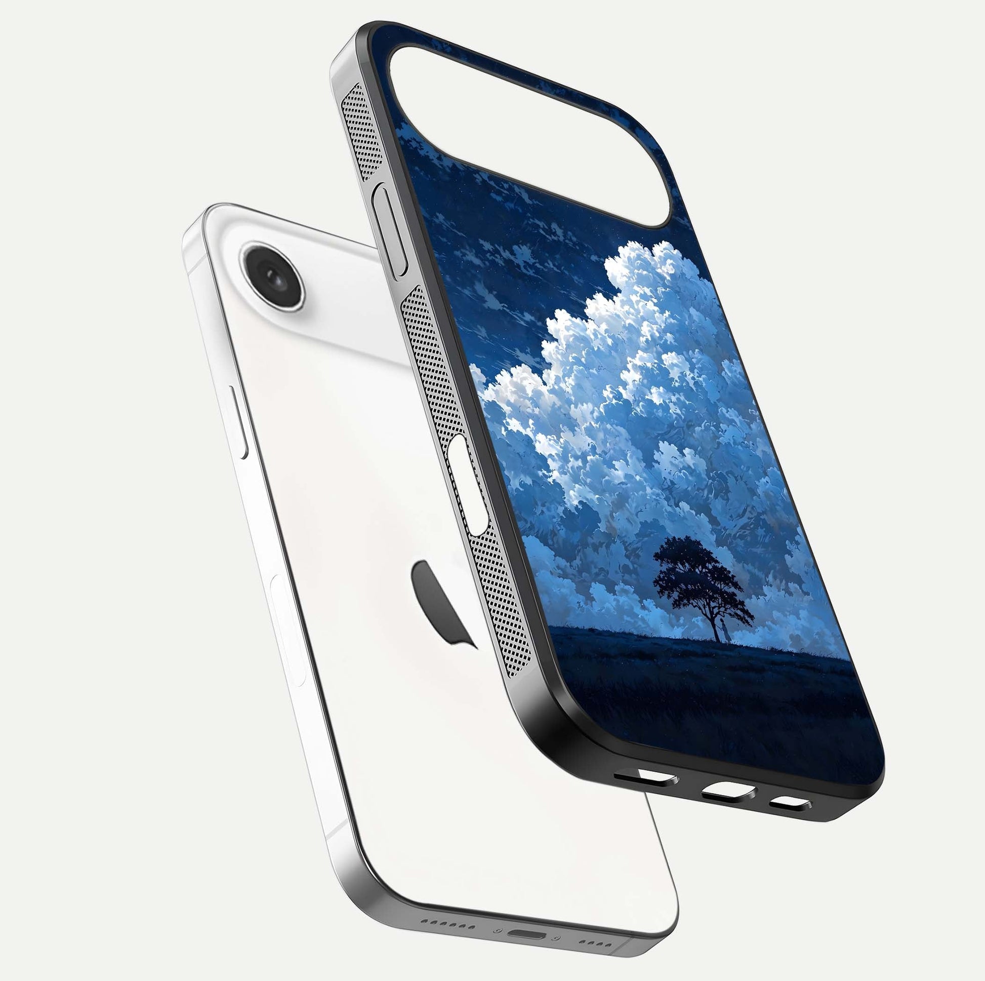 Midnight Sky Serenity Glass Case for iPhone Air  floating dual-view mockup showing HD gloss and night shine