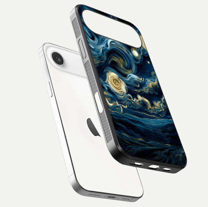 Midnight Sky Whirl Glass Case for iPhone Air  floating dual-view mockup showing gloss texture and shine