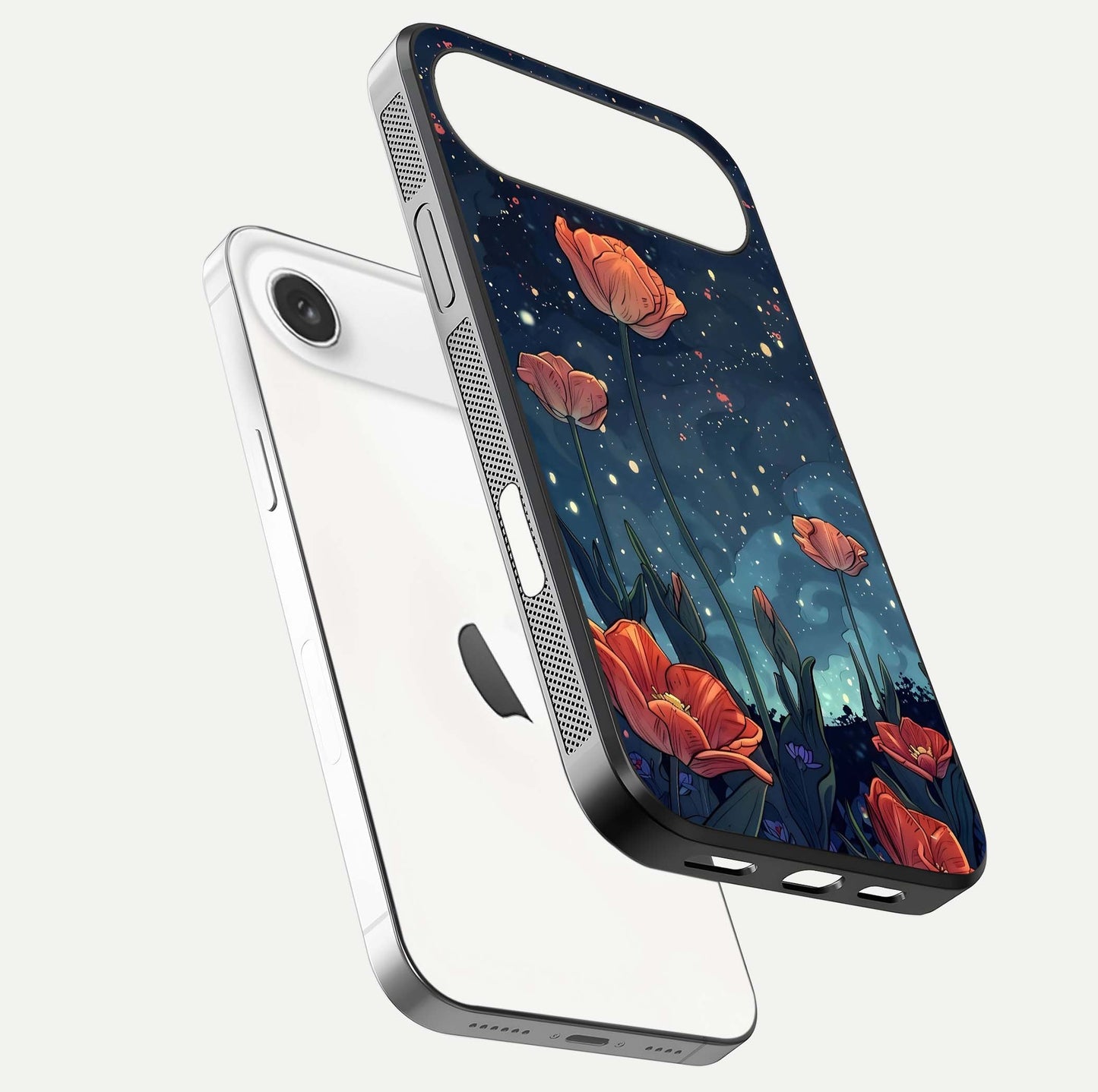 Midnight Tulip Glow Glass Case for iPhone Air  floating dual-view mockup showing HD gloss and tulip tone