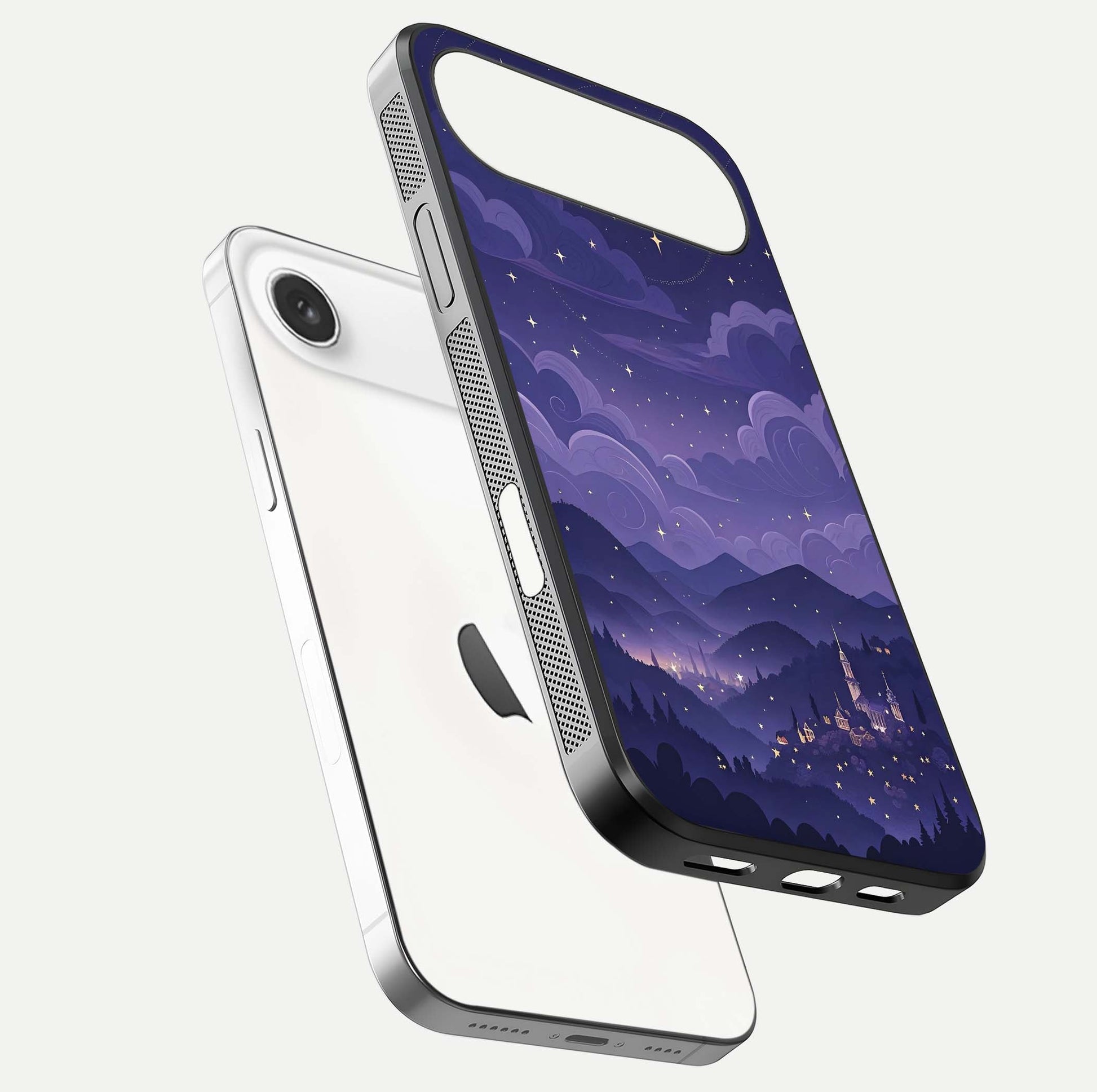 Minimal Night View Glass Case for iPhone Air  floating dual-view mockup showing HD gloss and clean lines