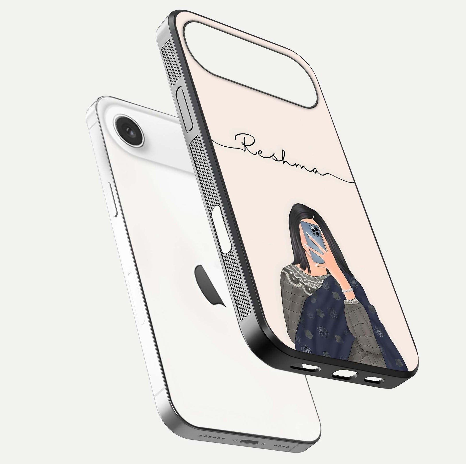 Mirror Mood Muse Custom Name Glass Case for iPhone Air  floating dual-view mockup showing reflection and luxury style