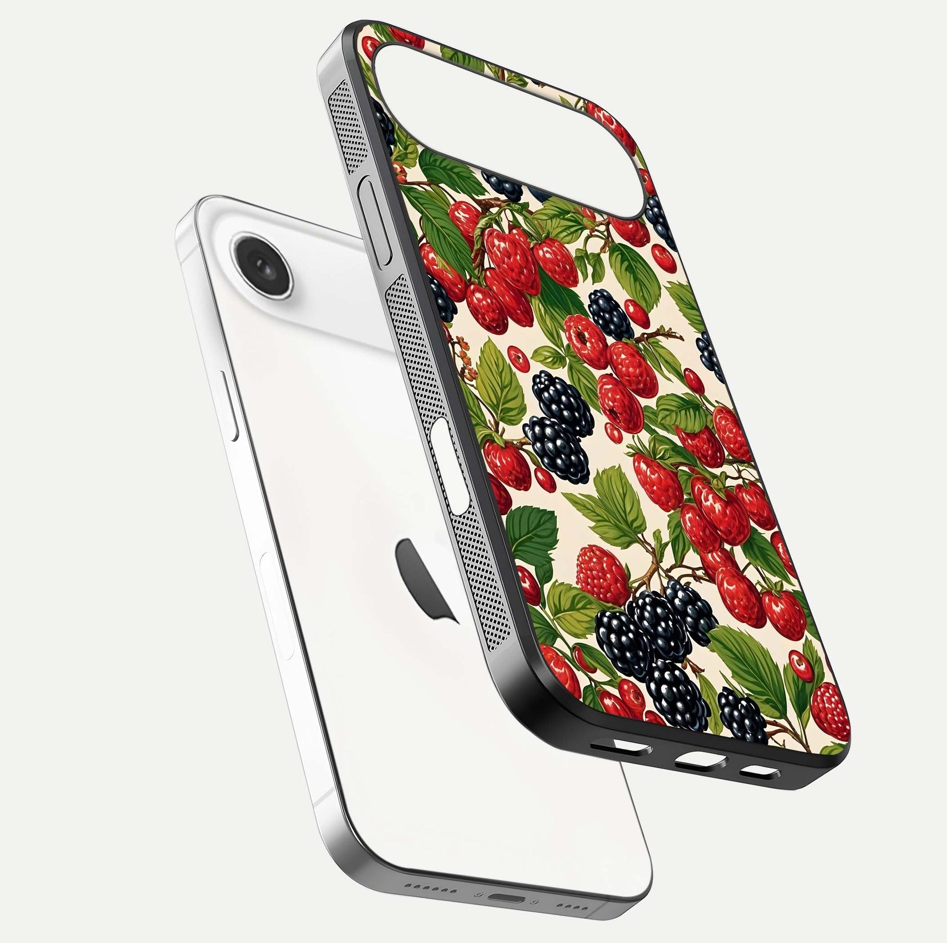 Mixed Berry Collage Glass Case for iPhone Air  floating dual-view mockup showing gloss depth and vibrant design