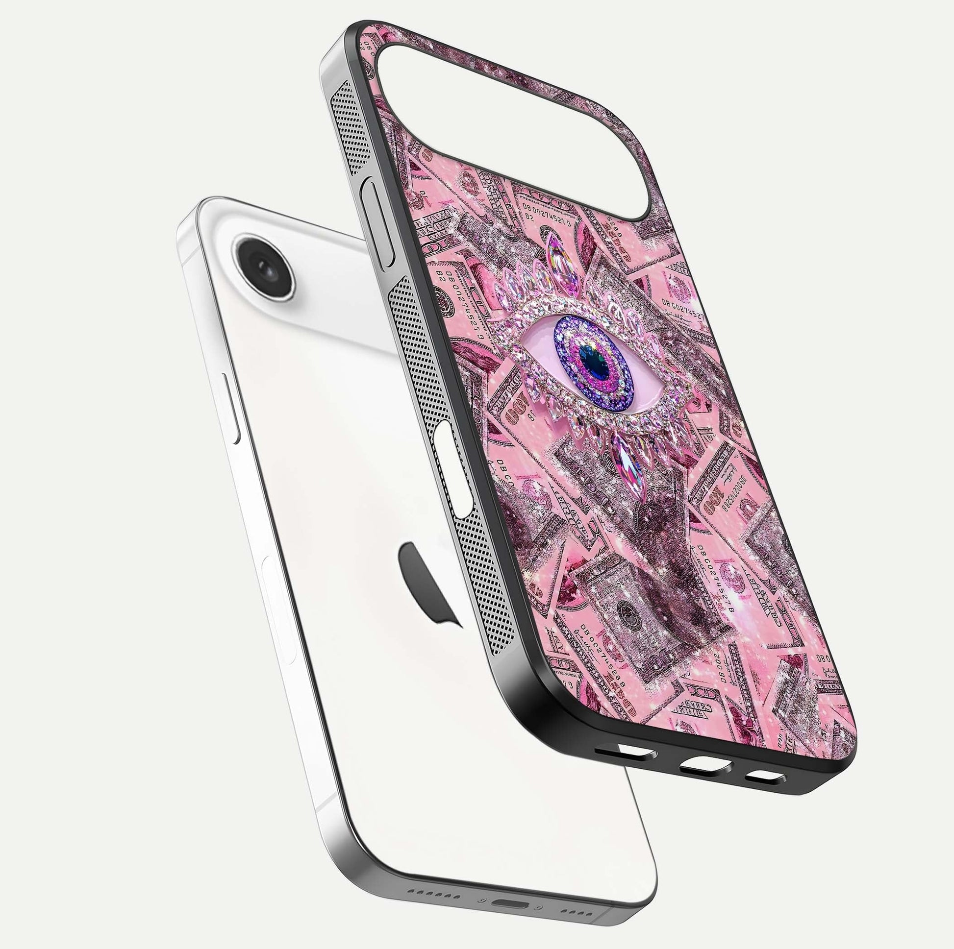 Money Eye Luxe Glass Case for iPhone Air  floating dual-view mockup showing gloss surface and premium look