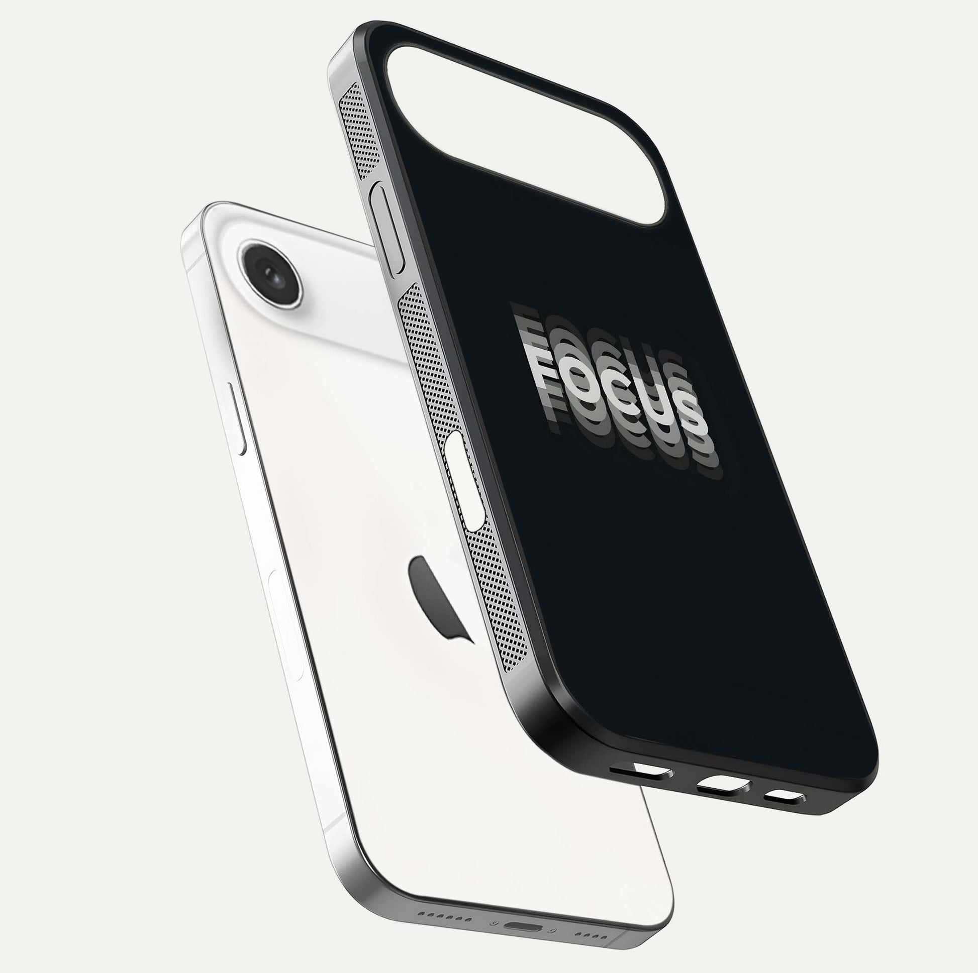 Mono Focus Vision Glass Case for iPhone Air  floating dual-view mockup showing HD gloss and elegant simplicity