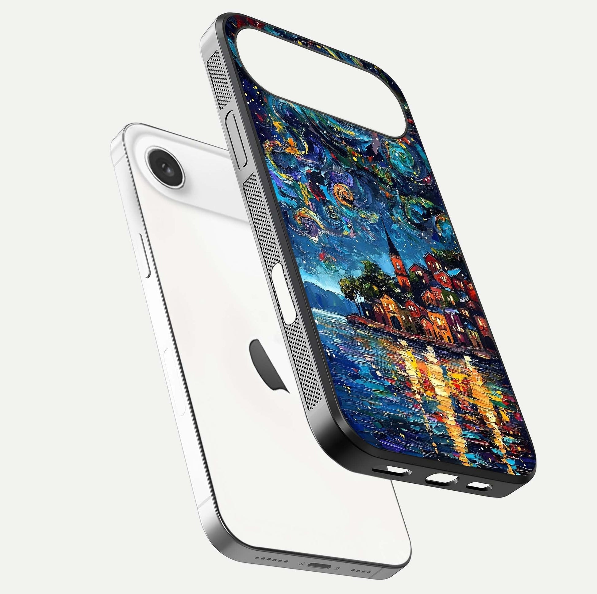 Moonlight Harbor Glow Glass Case for iPhone Air  floating dual-view mockup showing gloss brightness and glow