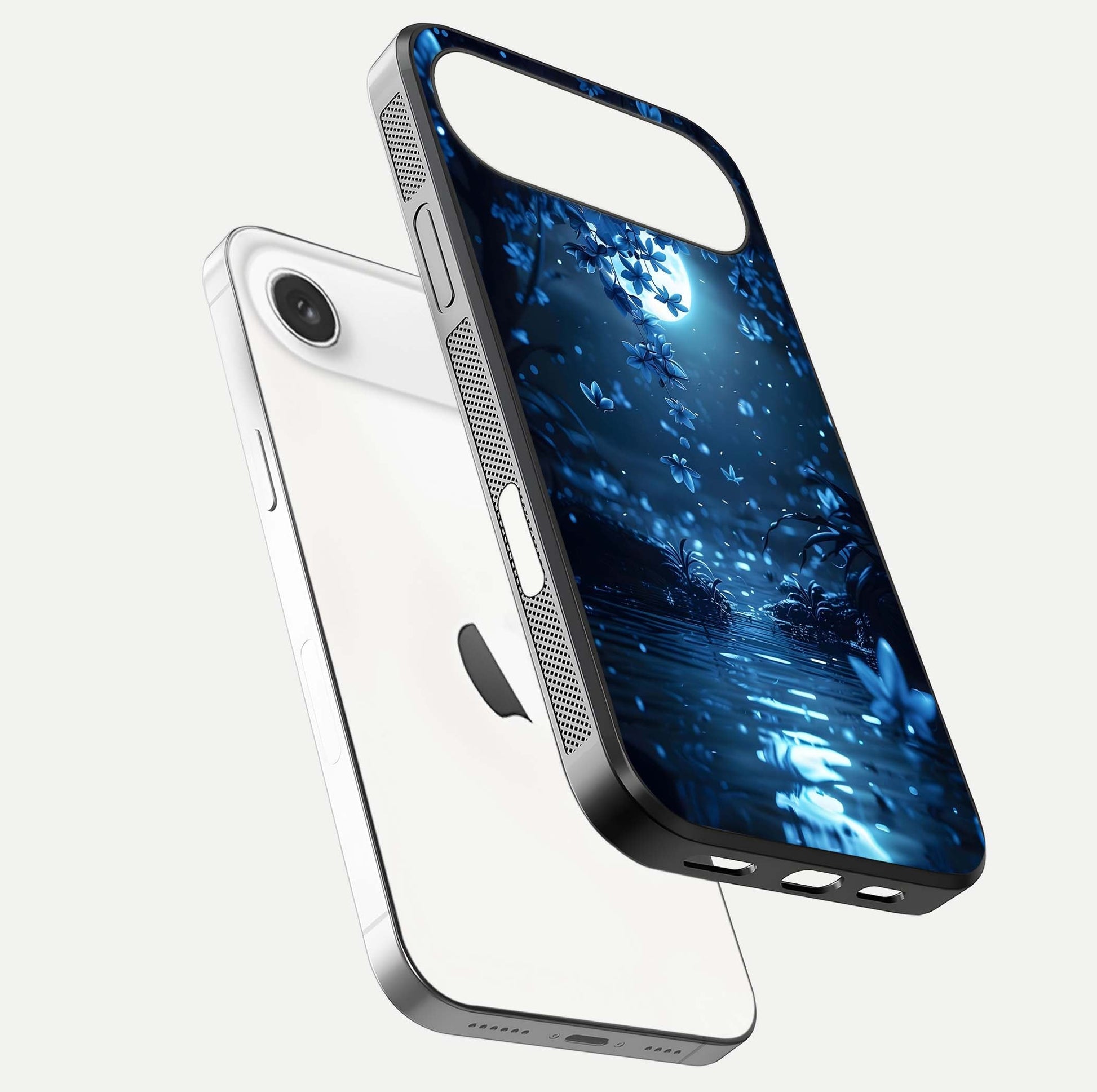 Moonlight Petal Dream Glass Case for iPhone Air  floating dual-view mockup showing HD gloss and dreamy art