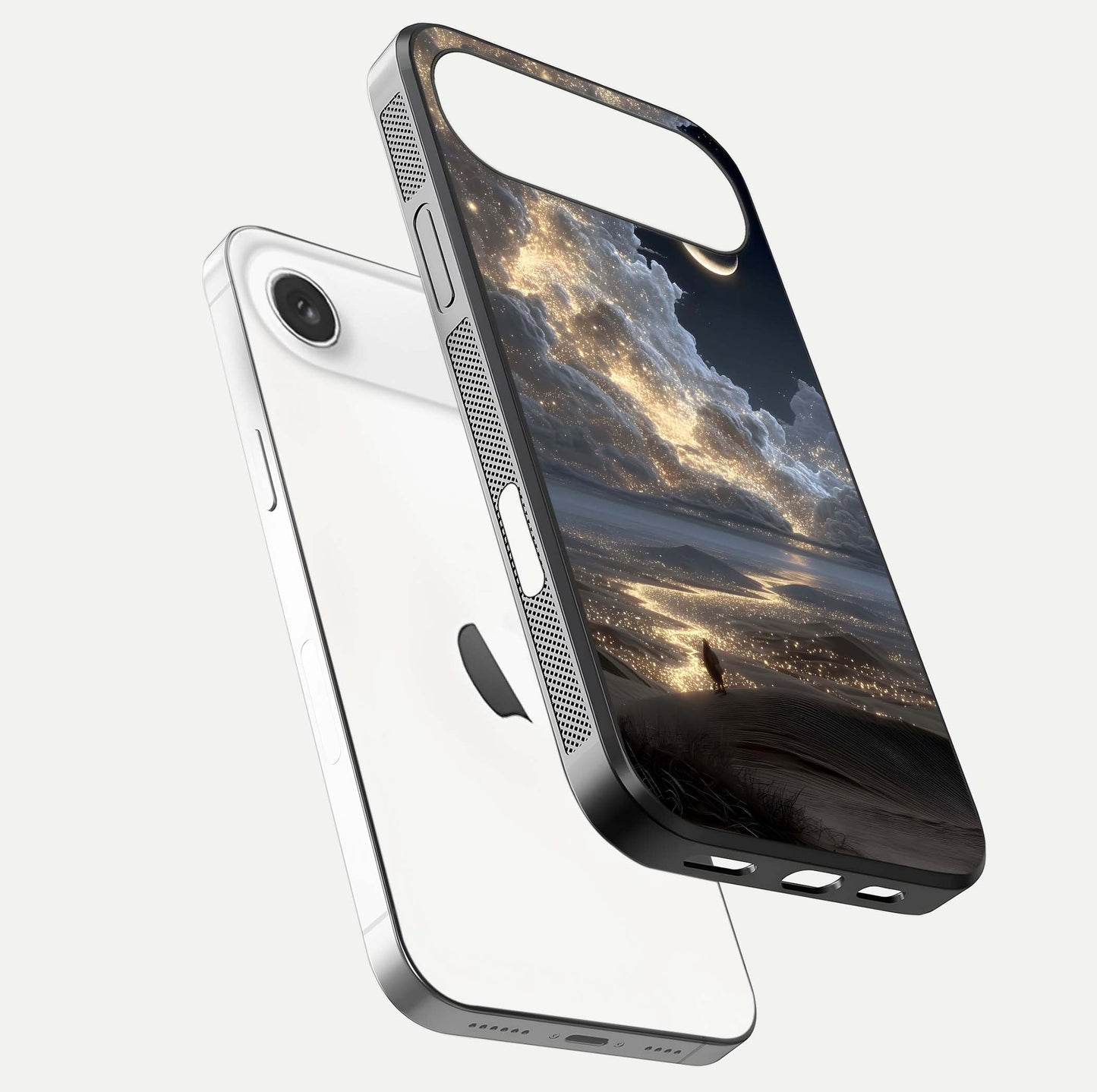 Moonlight Spark Path Glass Case for iPhone Air  floating dual-view mockup showing gloss finish and shine depth