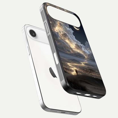 Moonlight Spark Path Glass Case for iPhone Air  floating dual-view mockup showing gloss finish and shine depth