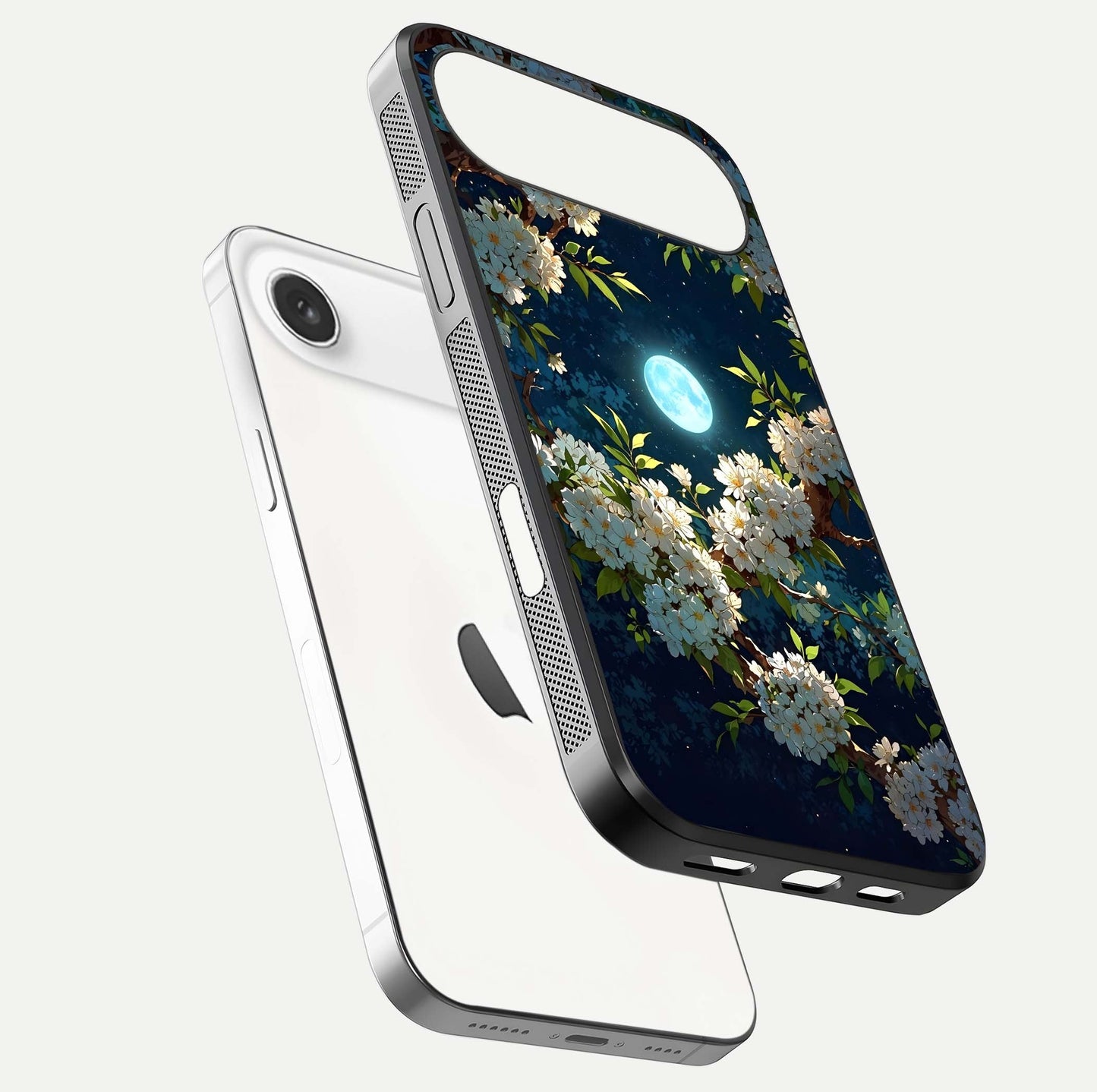 Moonlit Blossom Dream Glass Case for iPhone Air  floating dual-view mockup showing gloss texture and floral tone