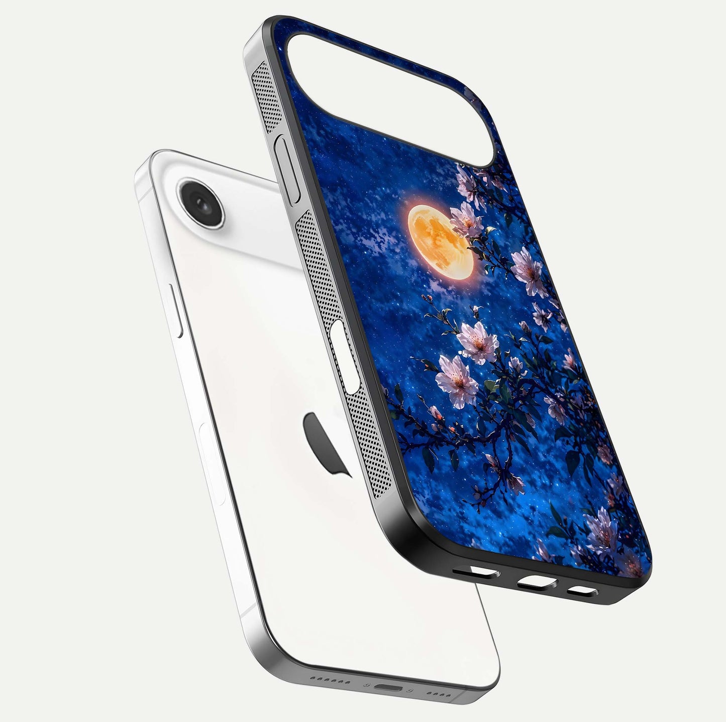 Moonlit Blossoms Night Glass Case for iPhone Air  floating dual-view mockup showing HD gloss and floral contrast